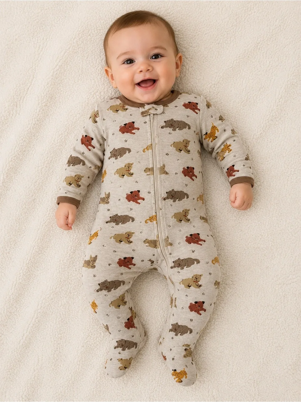 6-9 MTH wonder nation Cream Puppy Print Zip-Front Footie with Brown Trim
